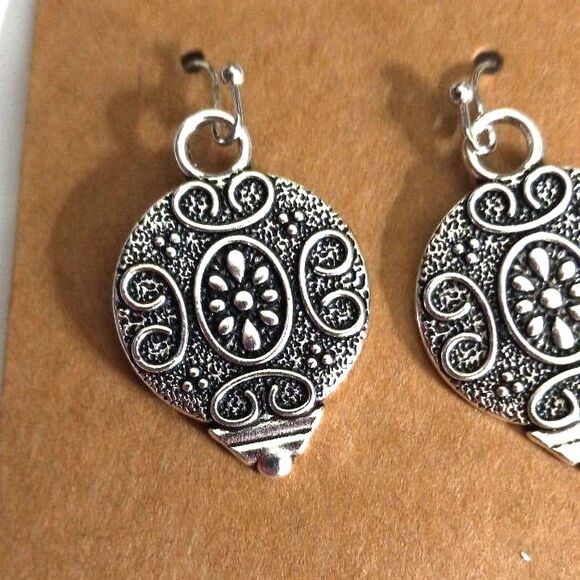 Silver Tone Earrings Dangle Drop Reverse Teardrop Ornament 1.5 Inch Drop - Picture 2 of 4